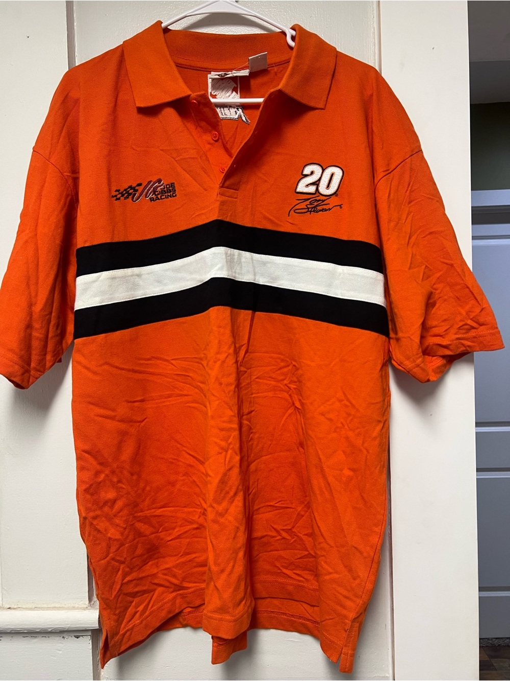 Men's Orange Racing Polo with Black & White Stripe